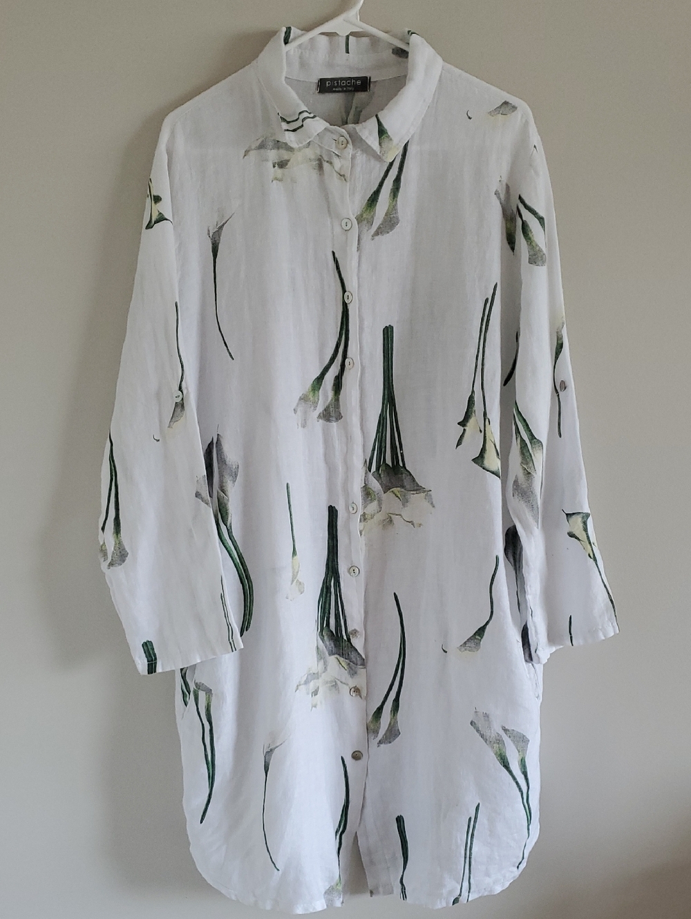 Pistache White Linen Button-Up Tunic Shirt Dress with Green Lily Print Sz L